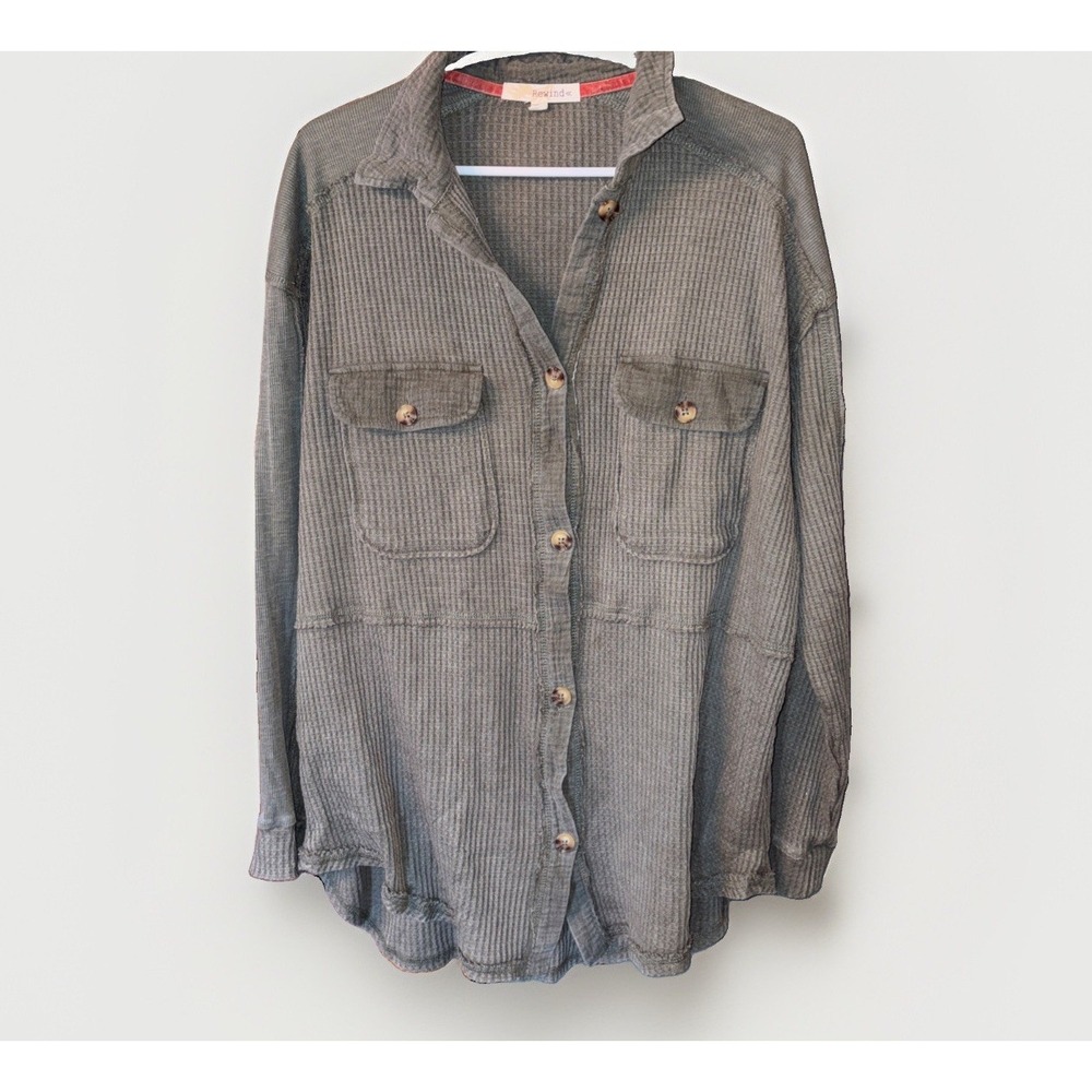 Waffle Knit Cotton Blend Button Down Bohemian Cozy Women's Shirt Size M